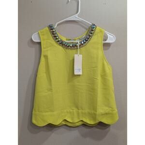 Highlighter yellow sleeveless shell w/scalloped hem & rhinestone collar, M